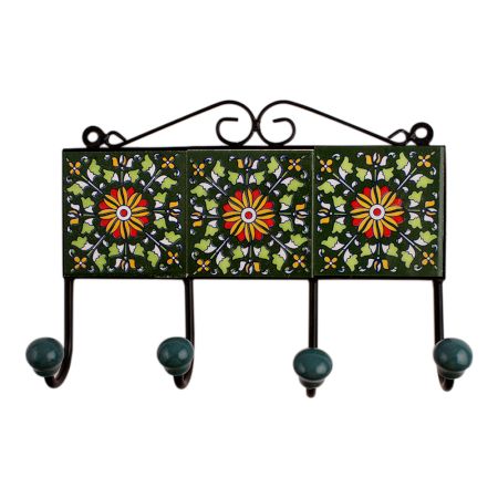 Green Floral Ceramic Tiles Hooks-472 (Set Of Ine Piece)